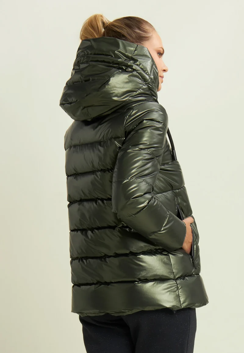 Women's glossy down jacket with protective hood and drawstring - Rosin Green