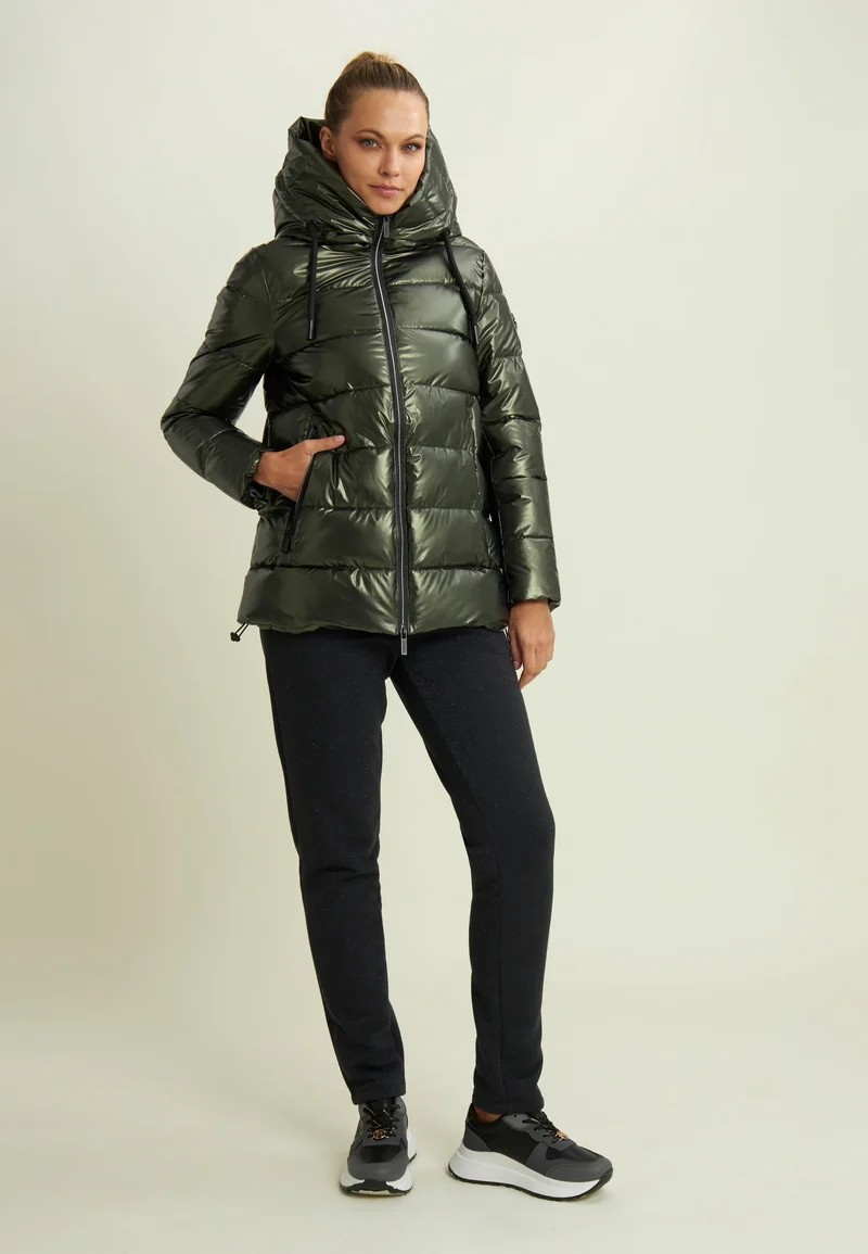 Women's glossy down jacket with protective hood and drawstring - Rosin Green