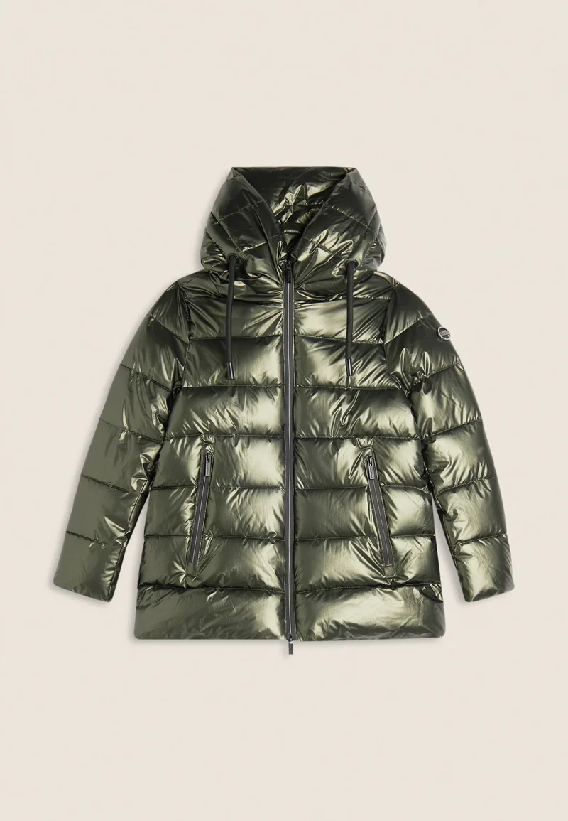Women's glossy down jacket with protective hood and drawstring - Rosin Green