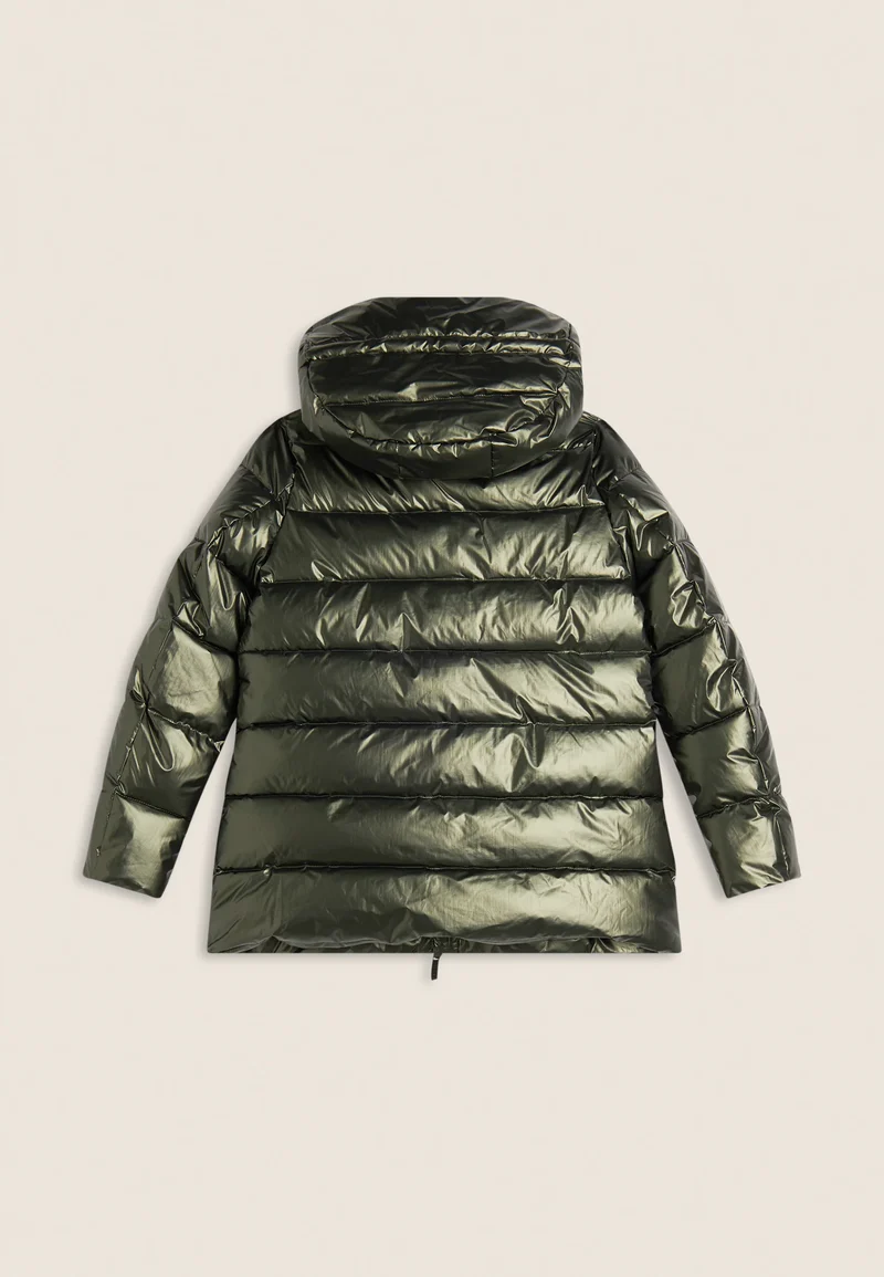 Women's glossy down jacket with protective hood and drawstring - Rosin Green