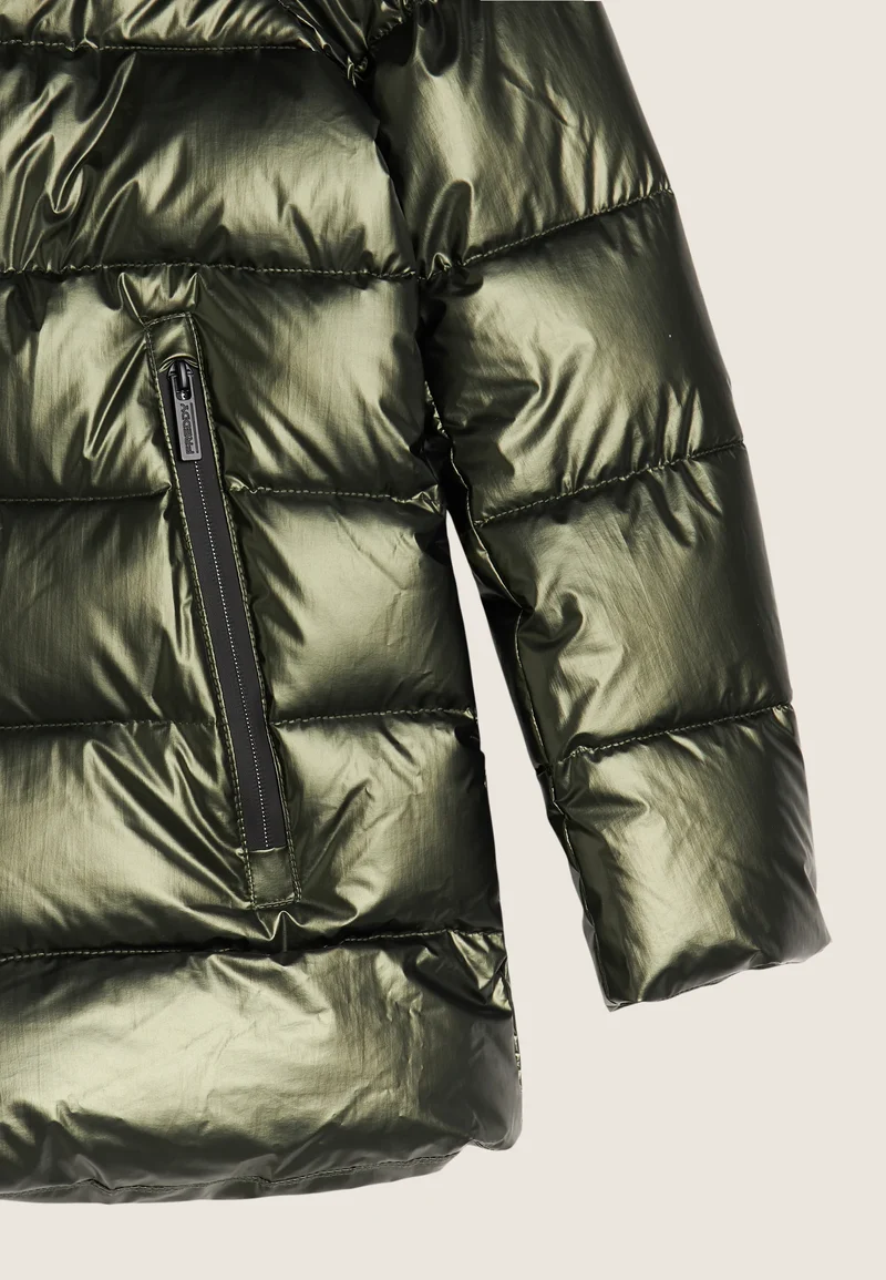 Women's glossy down jacket with protective hood and drawstring - Rosin Green