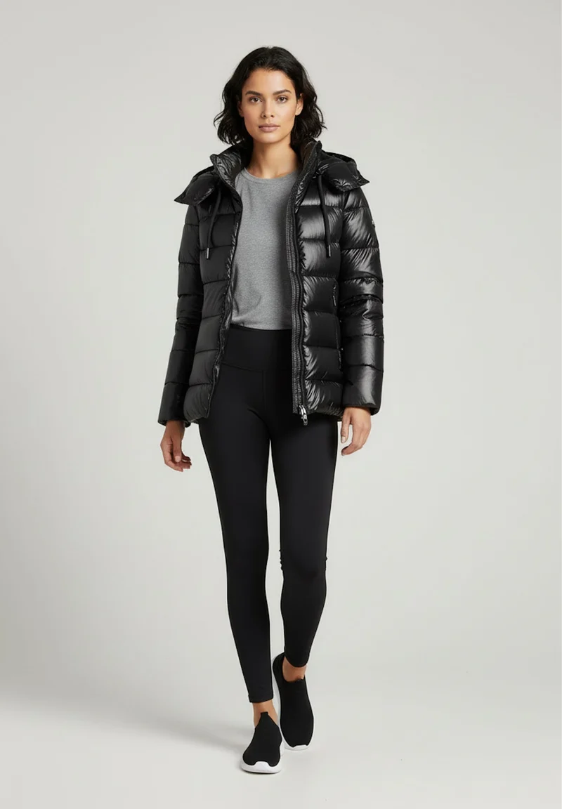 Women's glossy down jacket with protective hood and drawstring - Black