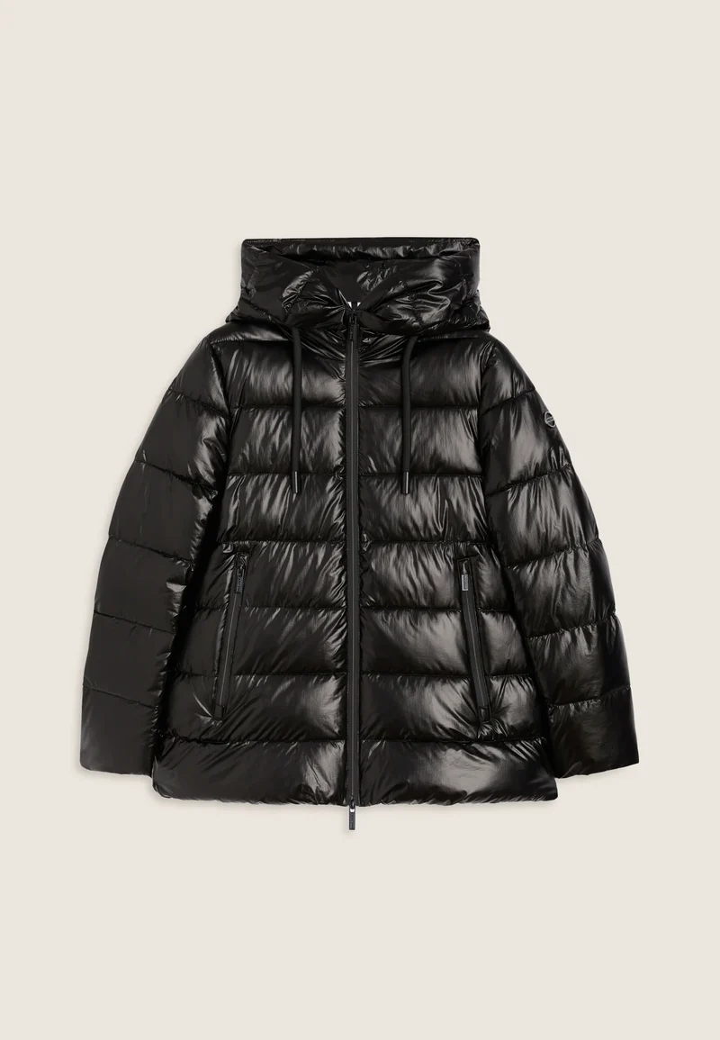 Women's glossy down jacket with protective hood and drawstring - Black