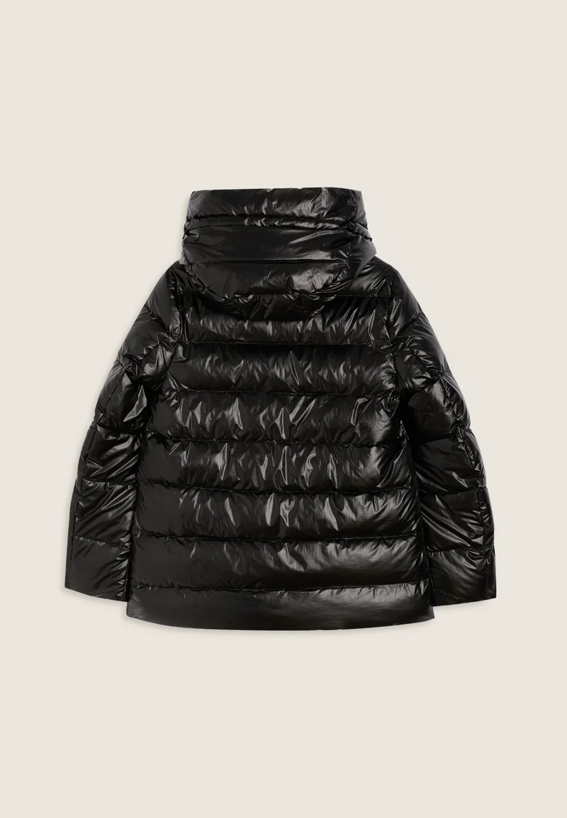 Women's glossy down jacket with protective hood and drawstring - Black