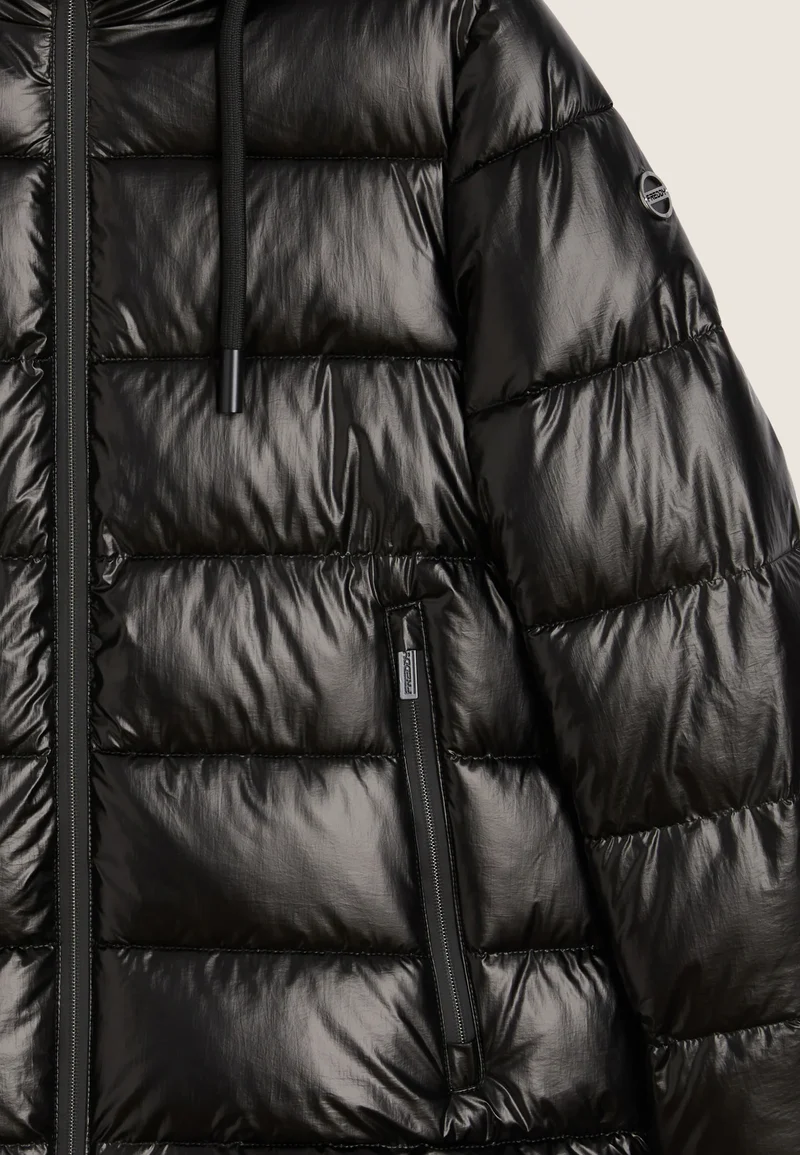 Women's glossy down jacket with protective hood and drawstring - Black
