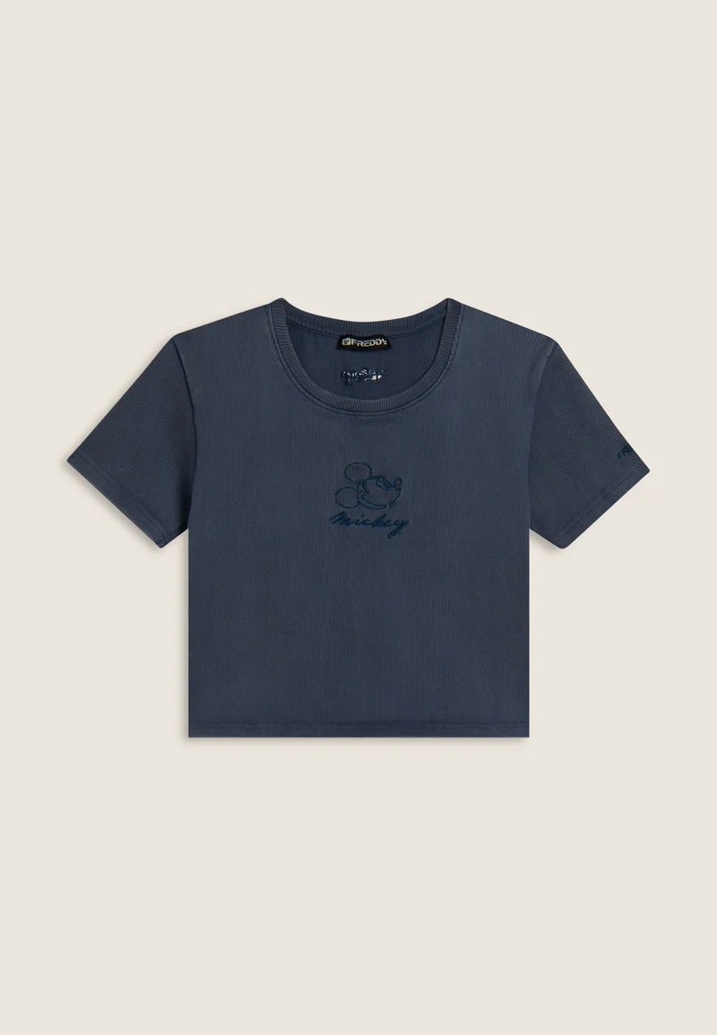 Women's ribbed cropped T-shirt with Disney embroidery