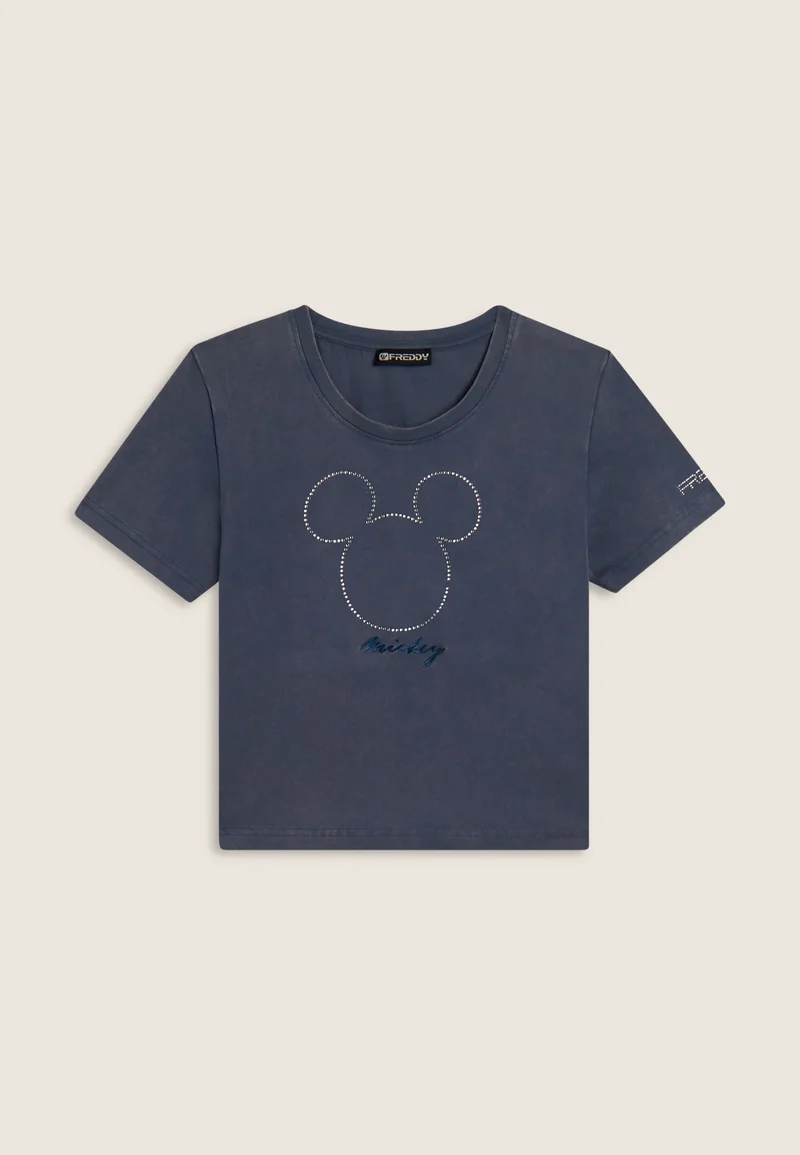 Women's cropped T-shirt with rhinestone Mickey Mouse