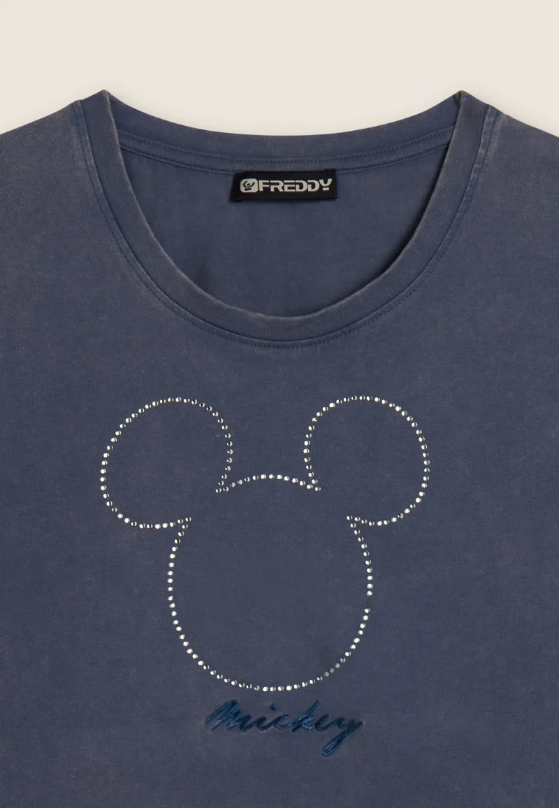Women's cropped T-shirt with rhinestone Mickey Mouse