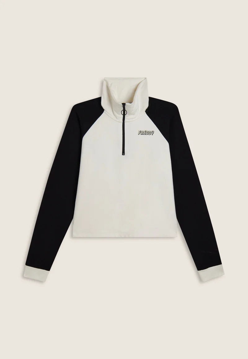 Two-tone cropped sweatshirt with half-zip and turtleneck