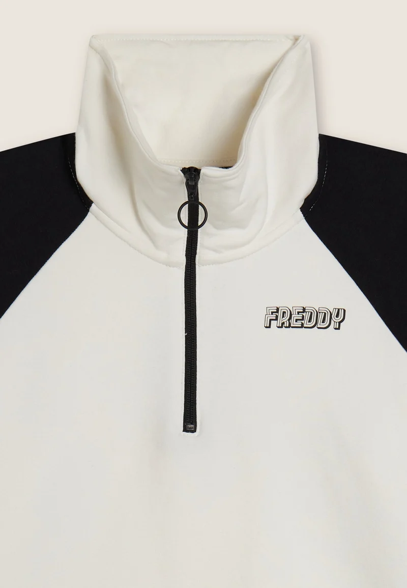 Two-tone cropped sweatshirt with half-zip and turtleneck