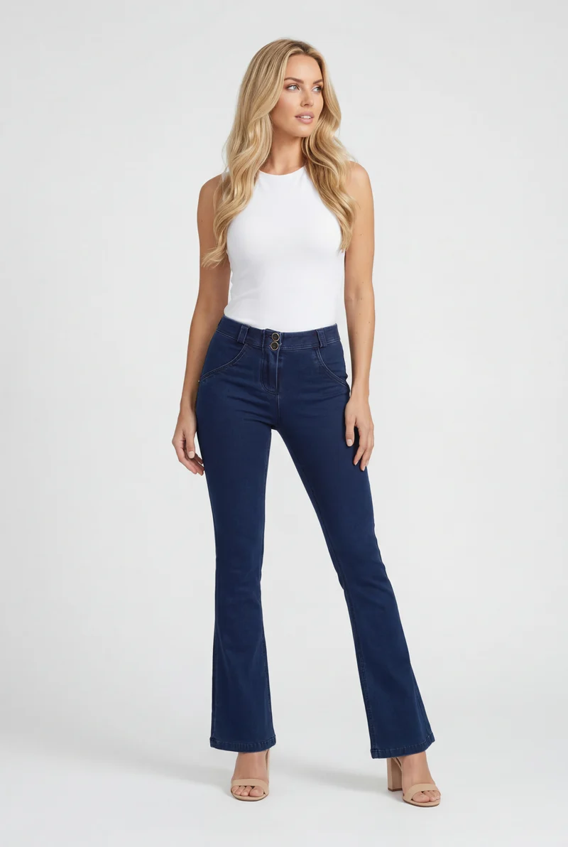 WR.UP Push-Up Regular Waist Mini Flare Denim Jeans - Denim Dark Blue - Blue Seam