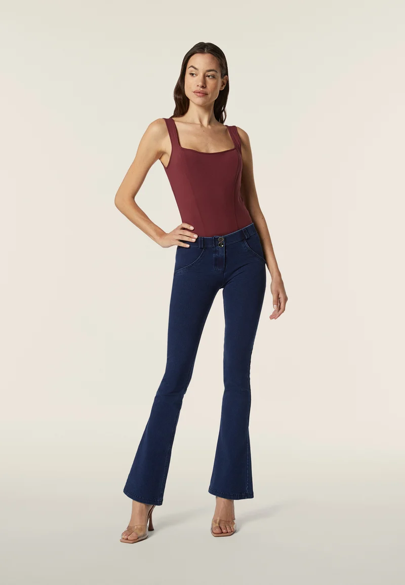 WR.UP Push-Up Regular Waist Mini Flare Denim Jeans - Denim Dark Blue - Blue Seam