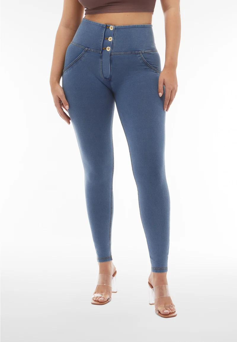 WR.UP Push-Up Button High Waist Skinny Denim Jeans - Denim Light Blue - Yellow Seam