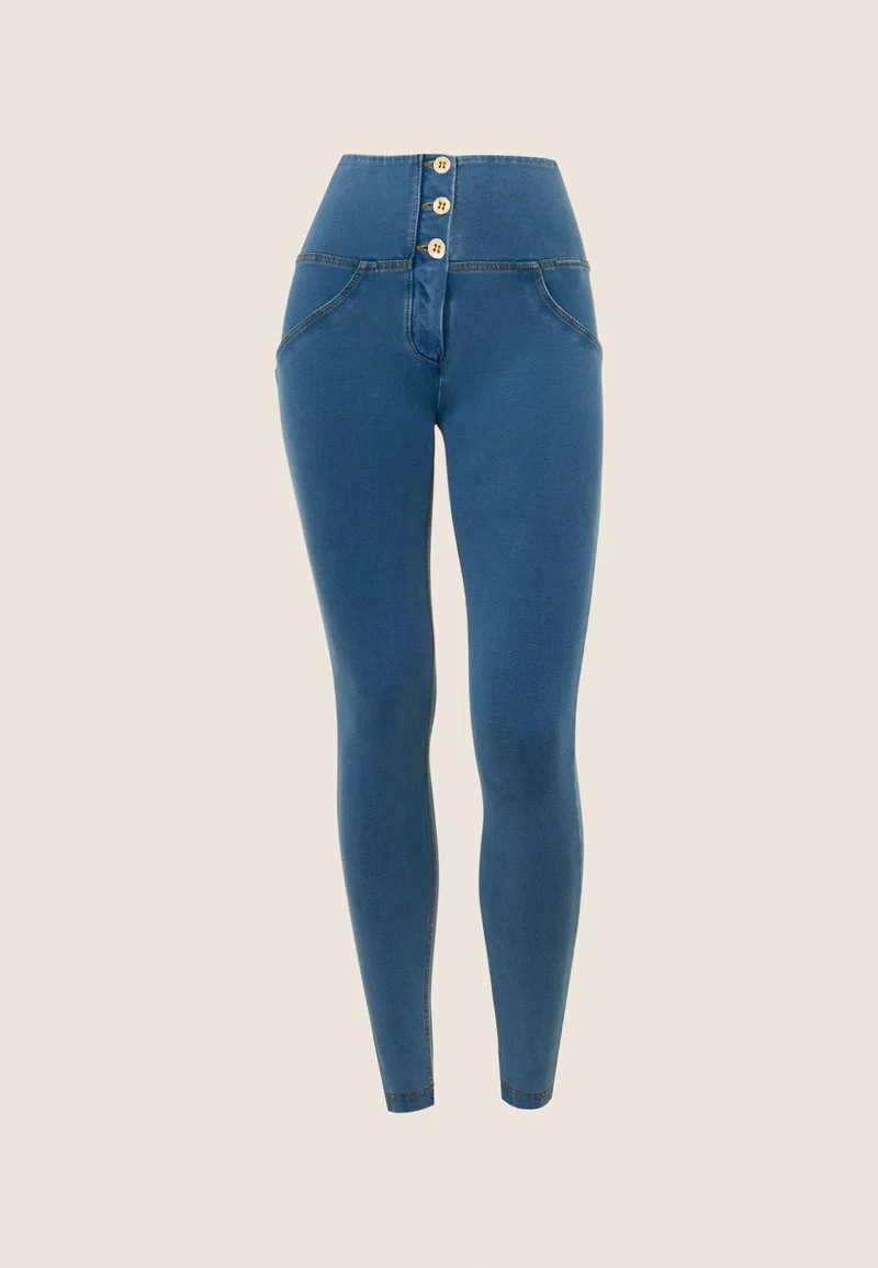 WR.UP Push-Up Button High Waist Skinny Denim Jeans - Denim Light Blue - Yellow Seam