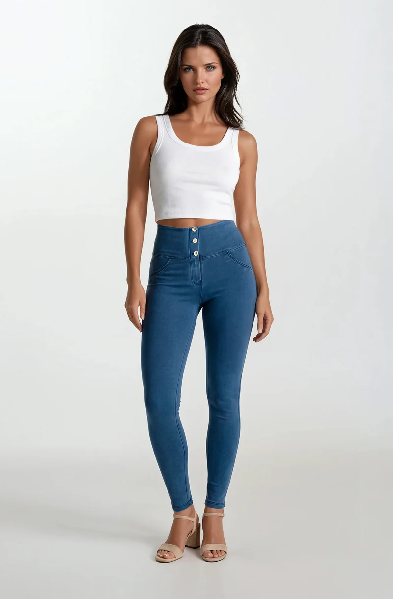 WR.UP Push-Up Button High Waist Skinny Denim Jeans - Denim Light Blue - Blue Seam