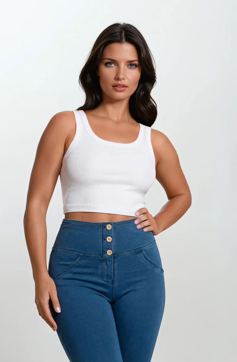 WR.UP Push-Up Button High Waist Skinny Denim Jeans - Denim Light Blue - Blue Seam
