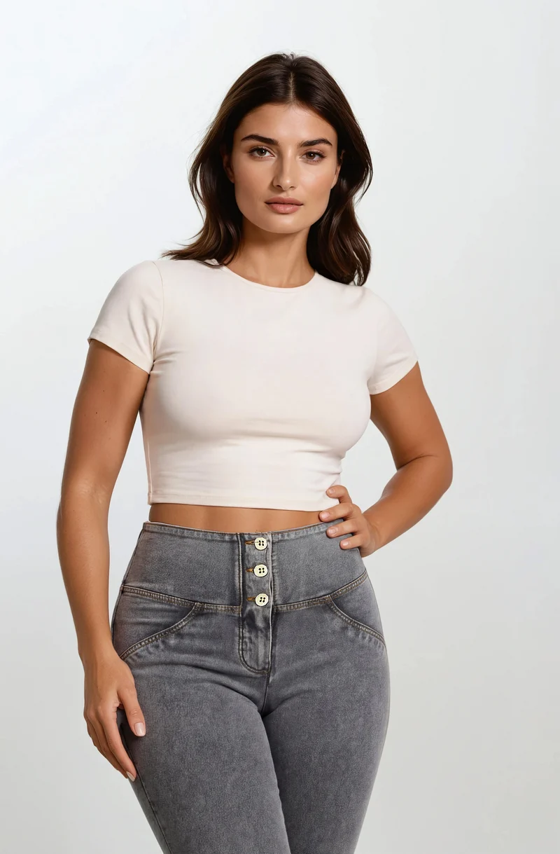 WR.UP Push-Up Button High Waist Skinny Denim Jeans - Denim Gray - Yellow Seam