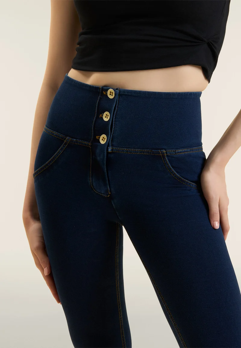 WR.UP Push-Up Button High Waist Skinny Denim Jeans - Denim Dark Blue - Yellow Seam