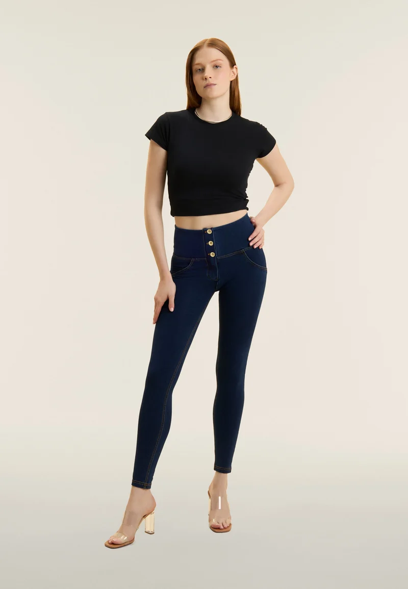 WR.UP Push-Up Button High Waist Skinny Denim Jeans - Denim Dark Blue - Yellow Seam