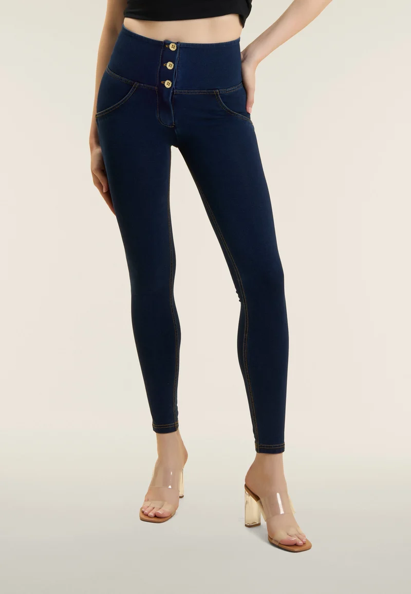 WR.UP Push-Up Button High Waist Skinny Denim Jeans - Denim Dark Blue - Yellow Seam