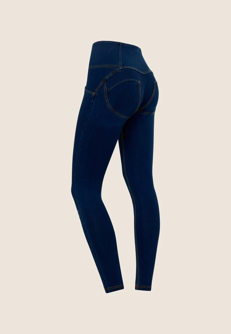 WR.UP Push-Up Button High Waist Skinny Denim Jeans - Denim Dark Blue - Yellow Seam
