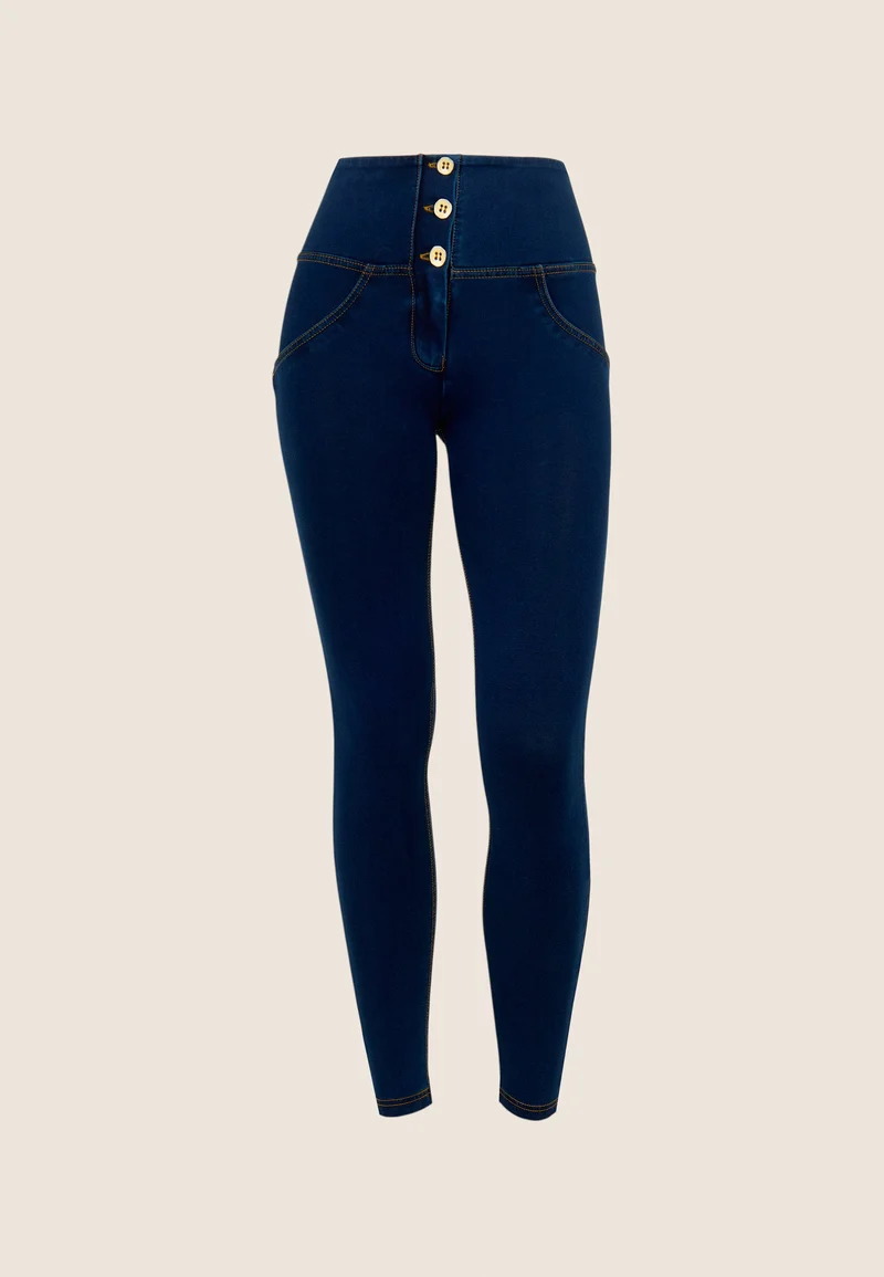 WR.UP Push-Up Button High Waist Skinny Denim Jeans - Denim Dark Blue - Yellow Seam