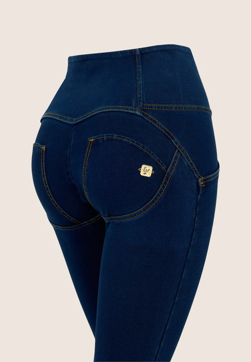 WR.UP Push-Up Button High Waist Skinny Denim Jeans - Denim Dark Blue - Yellow Seam