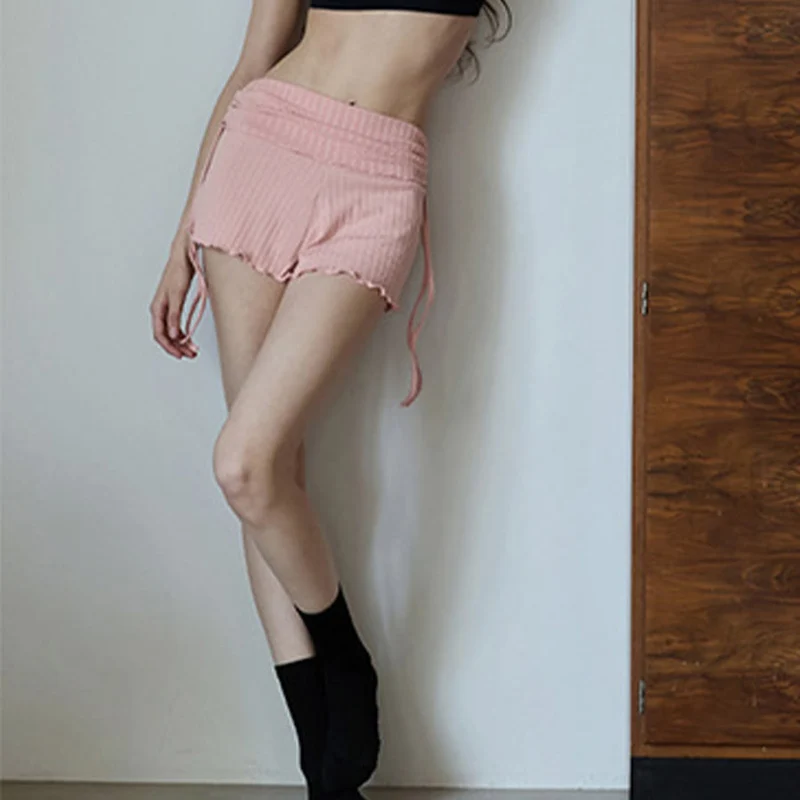 Olivenorma Shorts für Damen, lässig und bequem, mit umklappbarem Bund, Raffungen an der Seite und Kordelzug, ideal für Yoga.