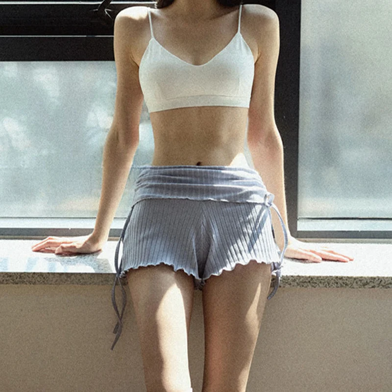 Olivenorma Shorts für Damen, lässig und bequem, mit umklappbarem Bund, Raffungen an der Seite und Kordelzug, ideal für Yoga.