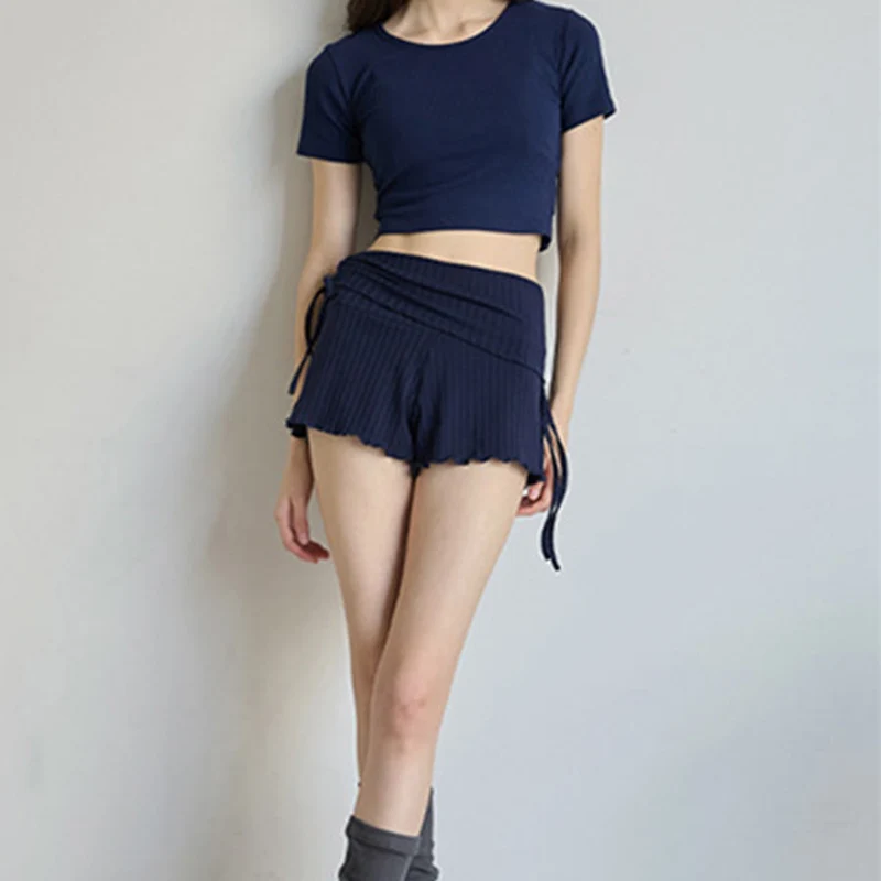 Olivenorma Shorts für Damen, lässig und bequem, mit umklappbarem Bund, Raffungen an der Seite und Kordelzug, ideal für Yoga.