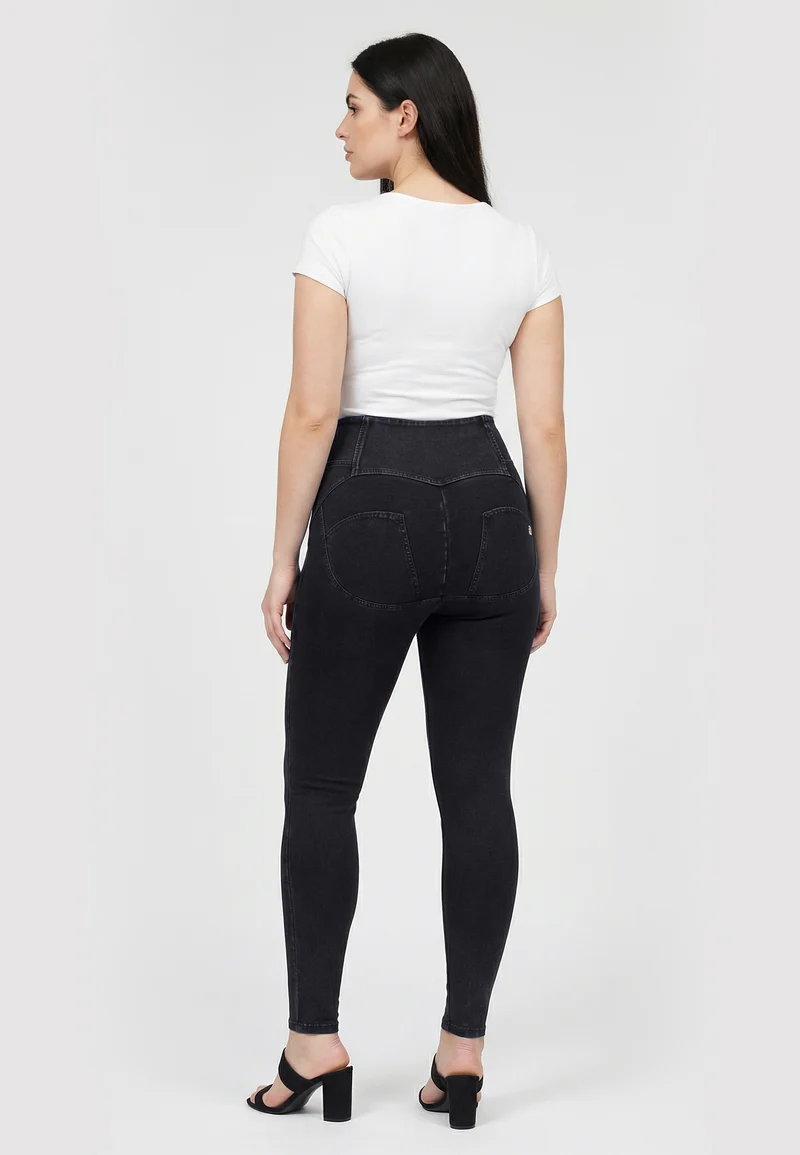 WR.UP Curvy Push-Up Button High Waist Skinny Denim Jeans - Denim Black - Black Seam