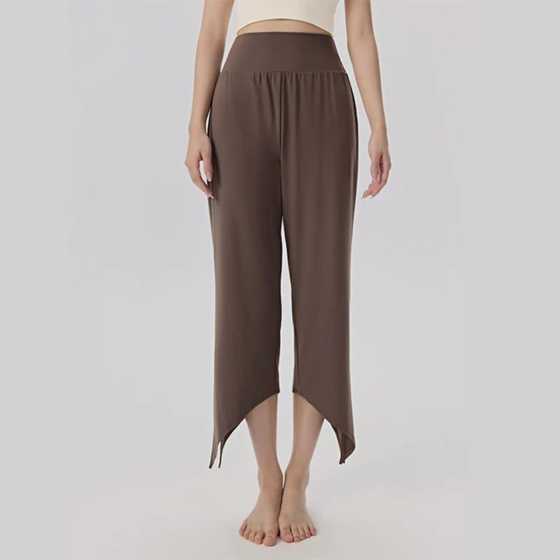 Olivenorma Weites Bein, hoher Bund, asymmetrische Cropped-Yogahose für Damen