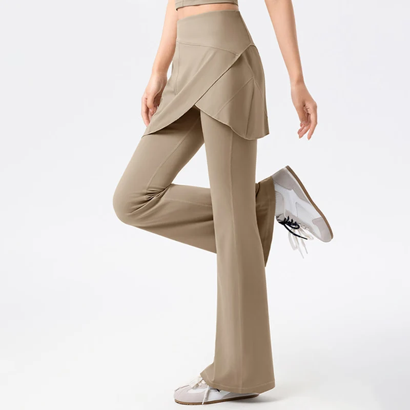 Olivenorma Yoga-Hose mit ausgestelltem Rock, hohem Bund und langer Taille für Damen