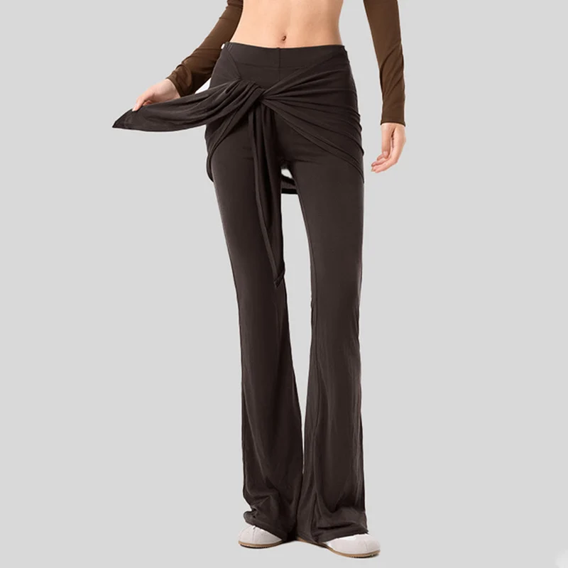 Olivenorma Schlaghose mit hohem Bund und Bindeband, lange Damen-Yogahose
