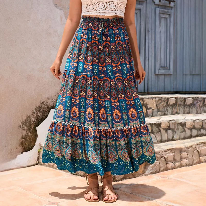 Olivenorma Boho-Maxikleid mit Paisley-Print, hoher Taille und Stufenrock für Damen