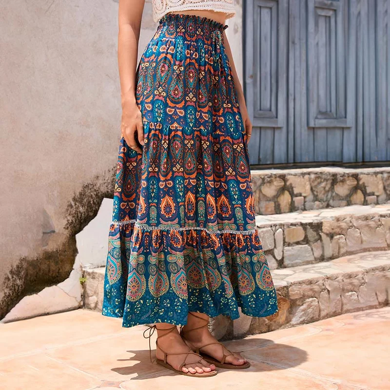 Olivenorma Boho-Maxikleid mit Paisley-Print, hoher Taille und Stufenrock für Damen
