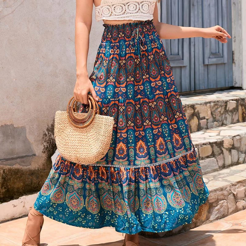 Olivenorma Boho-Maxikleid mit Paisley-Print, hoher Taille und Stufenrock für Damen