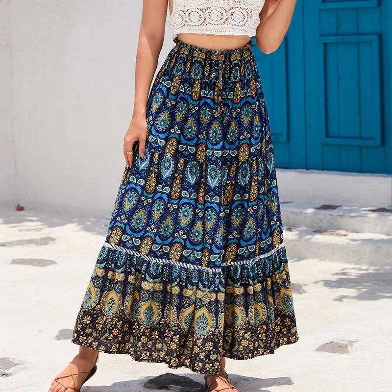Olivenorma Boho-Maxikleid mit Paisley-Print, hoher Taille und Stufenrock für Damen