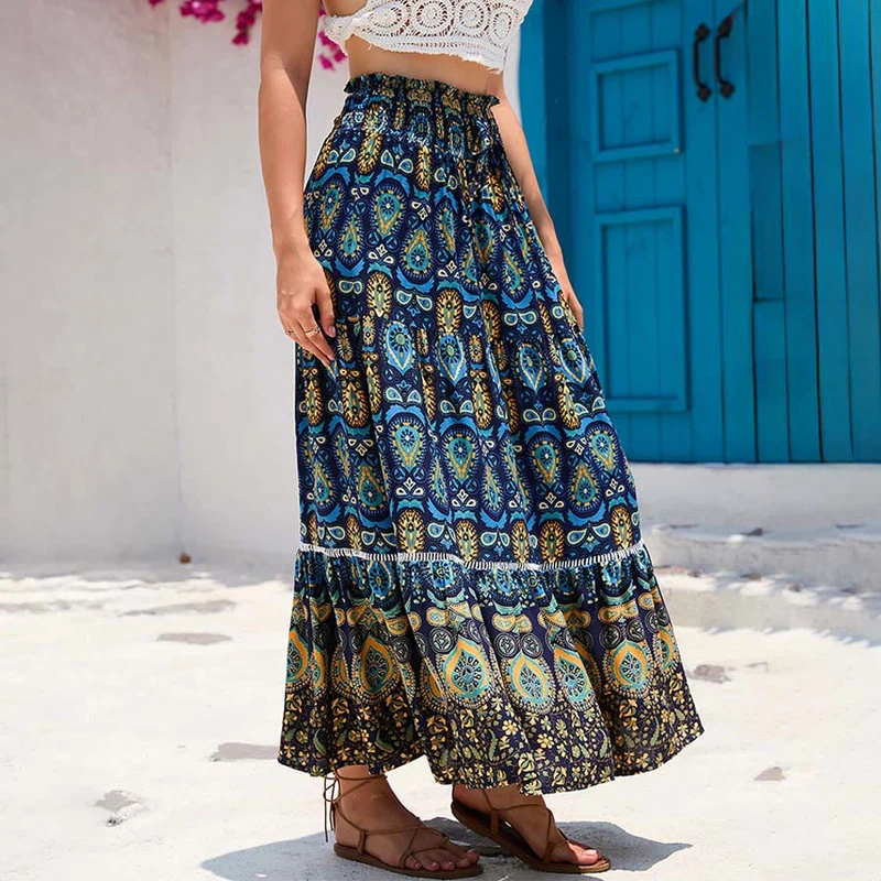 Olivenorma Boho-Maxikleid mit Paisley-Print, hoher Taille und Stufenrock für Damen
