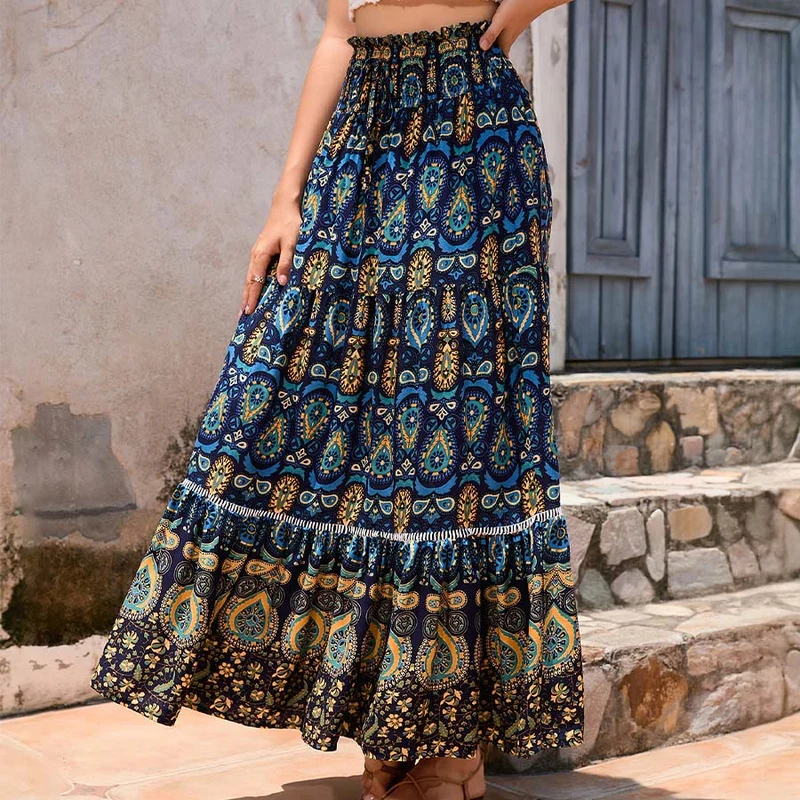 Olivenorma Boho-Maxikleid mit Paisley-Print, hoher Taille und Stufenrock für Damen