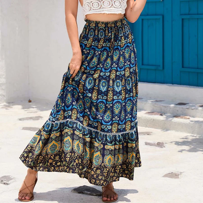 Olivenorma Boho-Maxikleid mit Paisley-Print, hoher Taille und Stufenrock für Damen