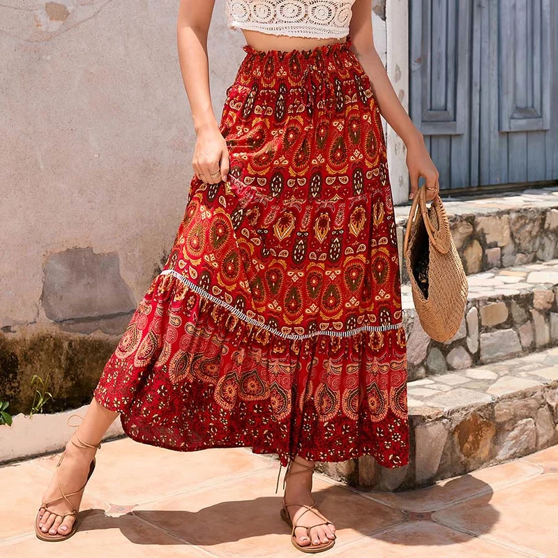 Olivenorma Boho-Maxikleid mit Paisley-Print, hoher Taille und Stufenrock für Damen