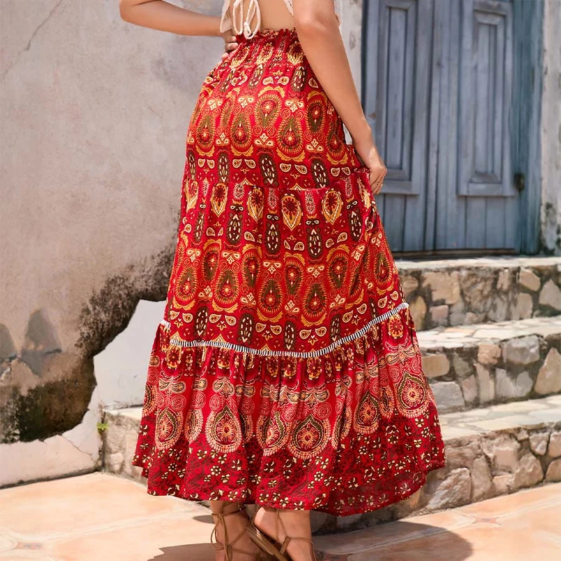 Olivenorma Boho-Maxikleid mit Paisley-Print, hoher Taille und Stufenrock für Damen