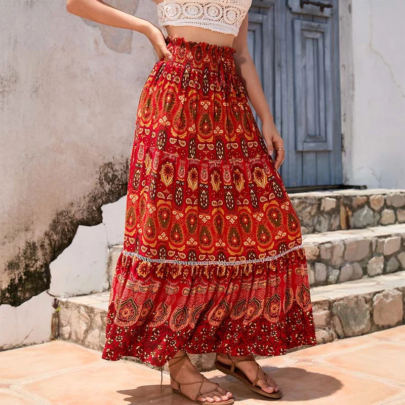 Olivenorma Boho-Maxikleid mit Paisley-Print, hoher Taille und Stufenrock für Damen
