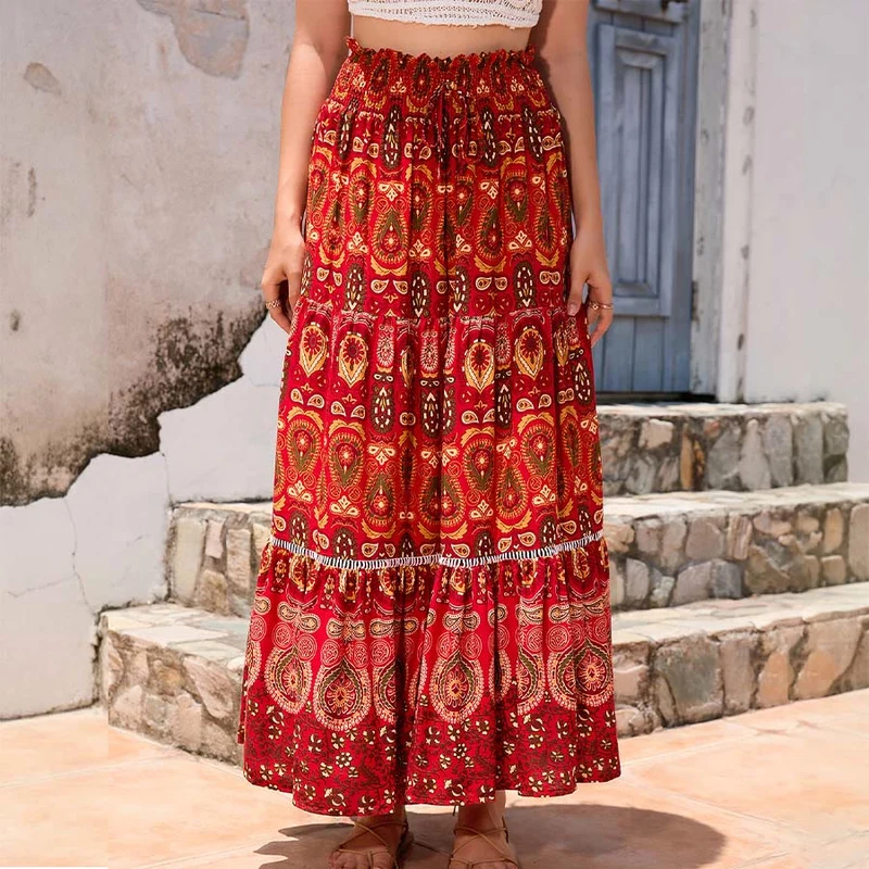Olivenorma Boho-Maxikleid mit Paisley-Print, hoher Taille und Stufenrock für Damen