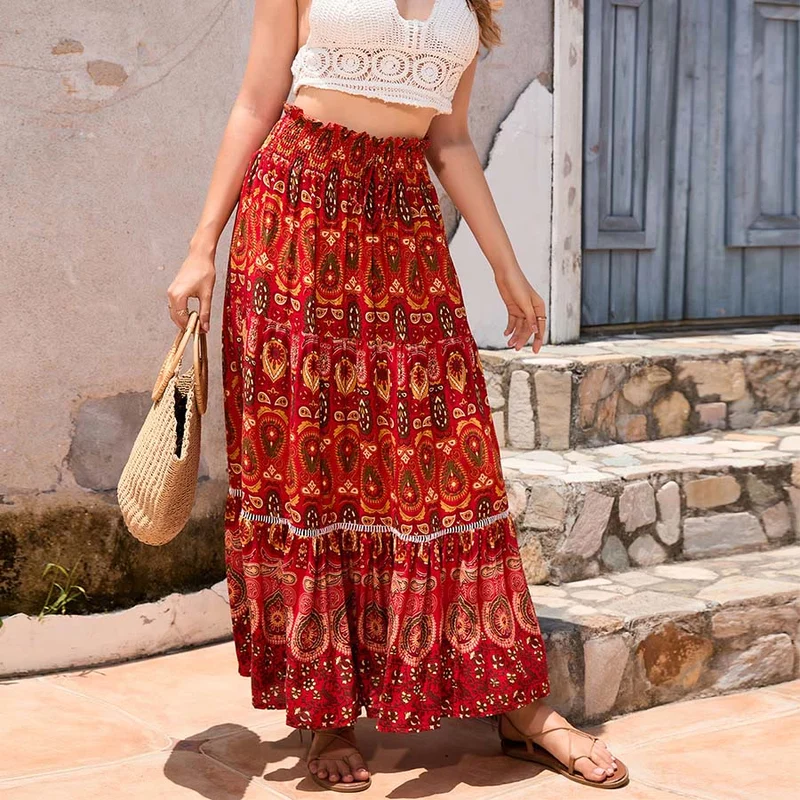 Olivenorma Boho-Maxikleid mit Paisley-Print, hoher Taille und Stufenrock für Damen