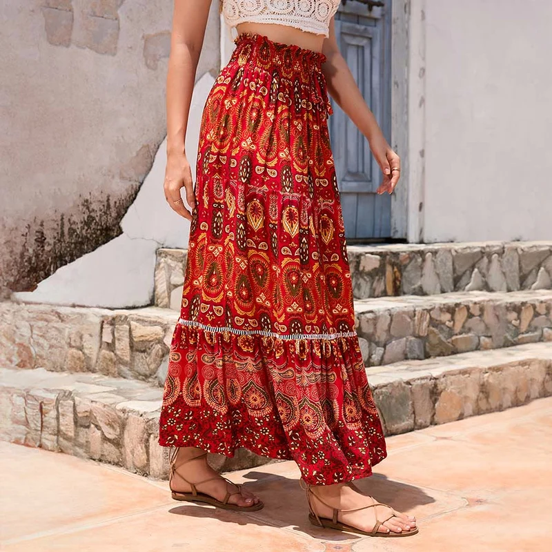 Olivenorma Boho-Maxikleid mit Paisley-Print, hoher Taille und Stufenrock für Damen