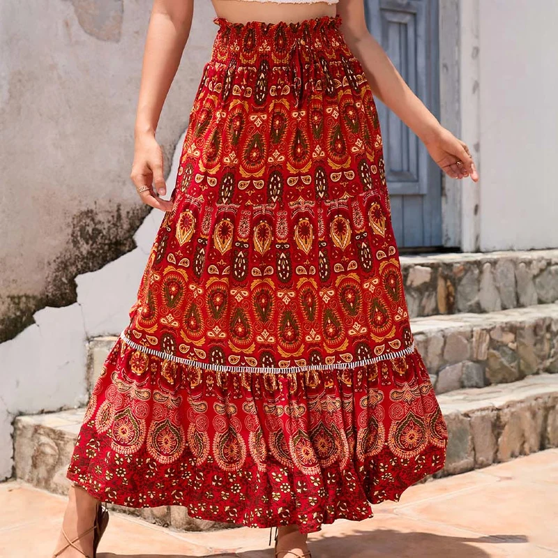 Olivenorma Boho-Maxikleid mit Paisley-Print, hoher Taille und Stufenrock für Damen