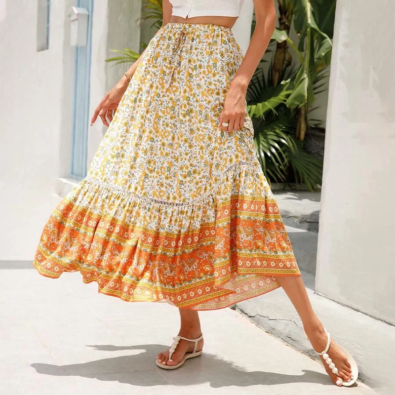 Olivenorma Boho-Maxikleid mit Blumenmuster, hoher Taille und Stufenrock für Damen