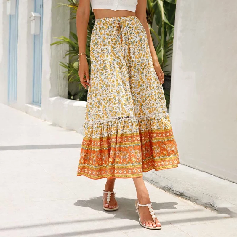Olivenorma Boho-Maxikleid mit Blumenmuster, hoher Taille und Stufenrock für Damen